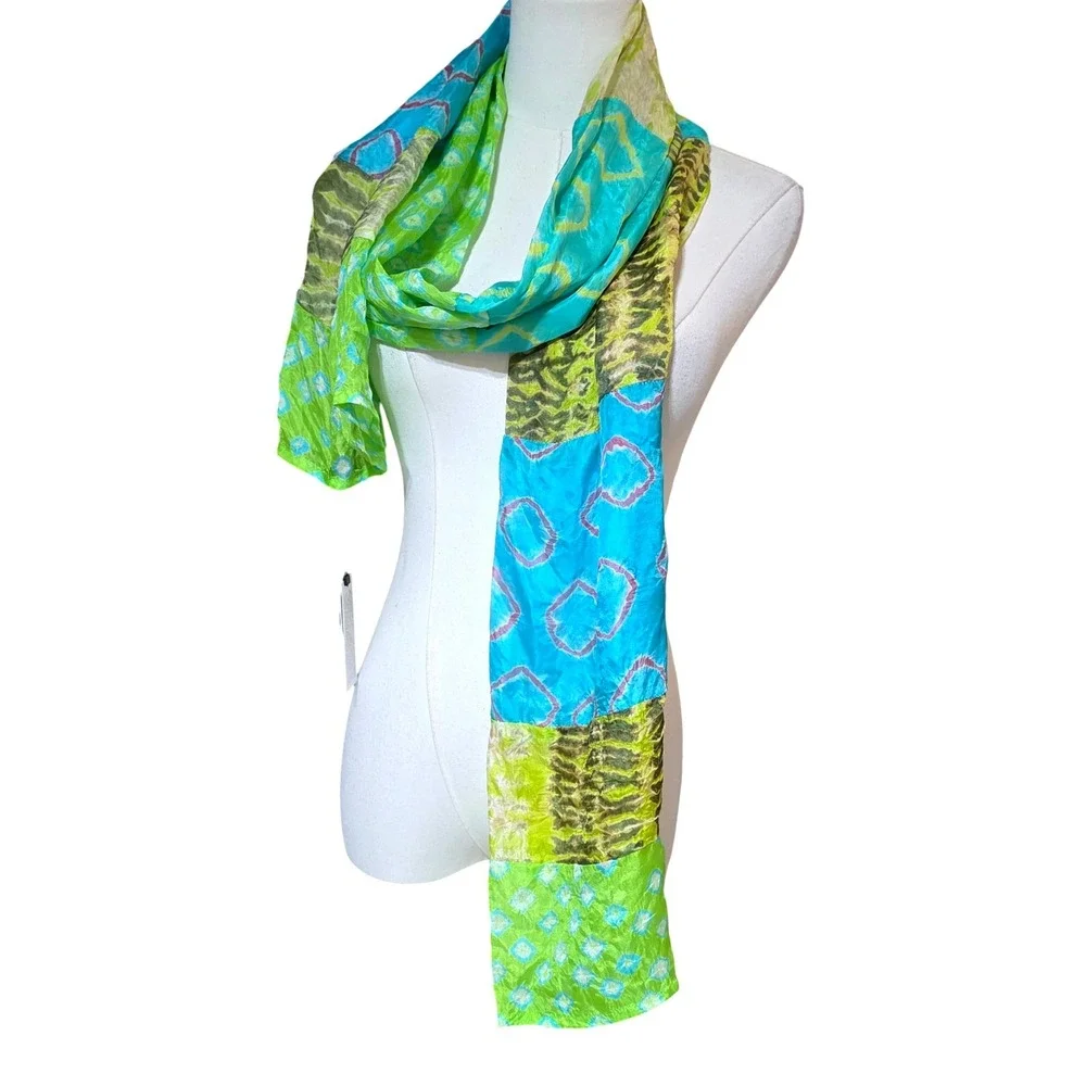 BANDHANI Silk Patchwork Scarf Shawl Blue Green‎ Tie Dye Boho Festival